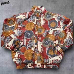 CoAco Jacket Womens Small Red Silk Bomber Windbreaker Floral Medallion Print
